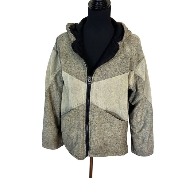 Womens Tan Jacket Zip Up Large Weave Yellow Brown Black Lining Hood Work Wear - Picture 1 of 10